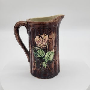 Antique English Brown Majolica Creamer Bamboo & Flower Design Excellent Condition