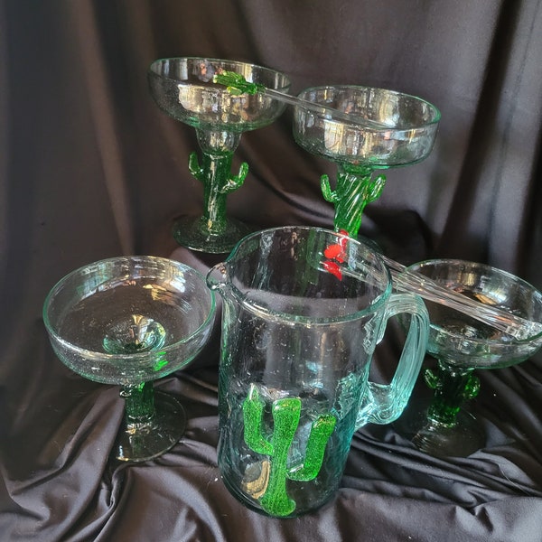 Vintage Hand Blown Glass Margarita Pitcher, Glasses & Swizzle Sticks Saguaro Cactus