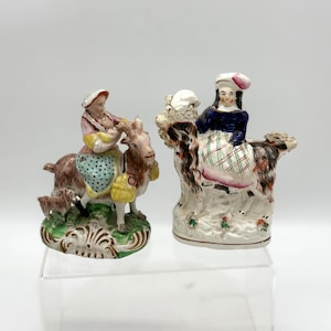 Whimsical Genuine Staffordshire Figurines from the 1800&#39;s featuring Ladies Riding Goats