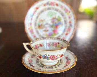 Vintage Royal Paragon Teacup & Saucer Set: Manchu Asian Floral Pattern