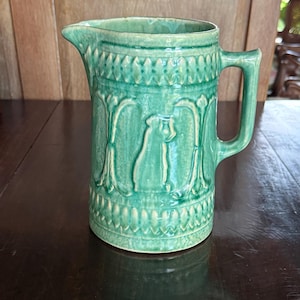 Antique RRP Co. Green Majolica Pitcher: Early 20th Century Milk Jug