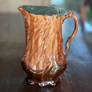 Beautiful Antique Chocolate Brown Syrup Pitcher or Milk Pitcher with Metal Lid Circa Mid to Late 1800&#39;s