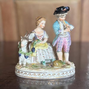 Gorgeous Antique Dresden Figurine &quot;Allegory of Fall&quot; featuring a Courting Couple with a Goat & Lute