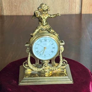 Gorgeous Vintage Victorian Revival Gold Ormolu Cherub Alarm Clock by Globe, Excellent Working Condition
