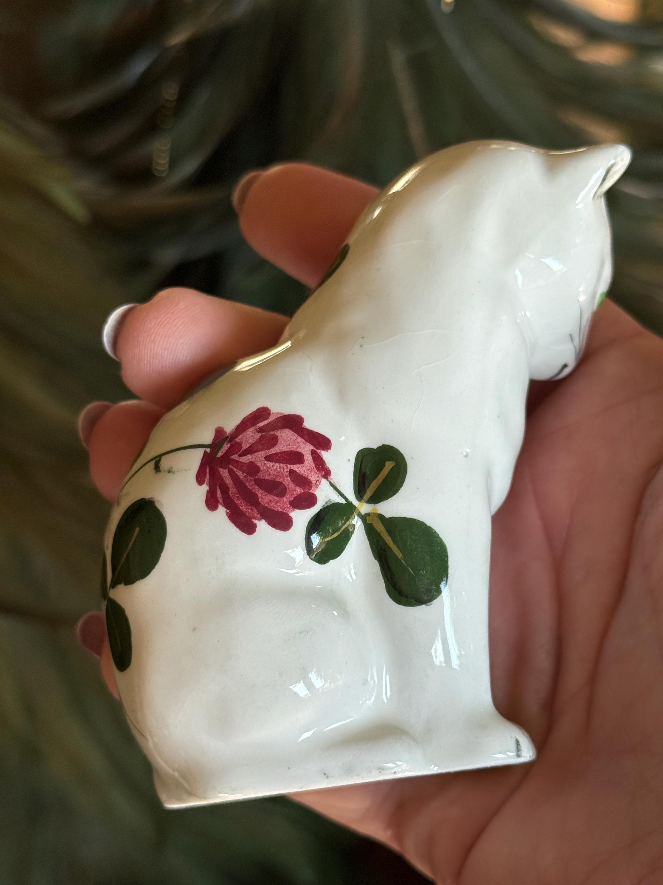 Vintage Plichta Wemyss Pottery Cat With Green Clover Leaves & Pink