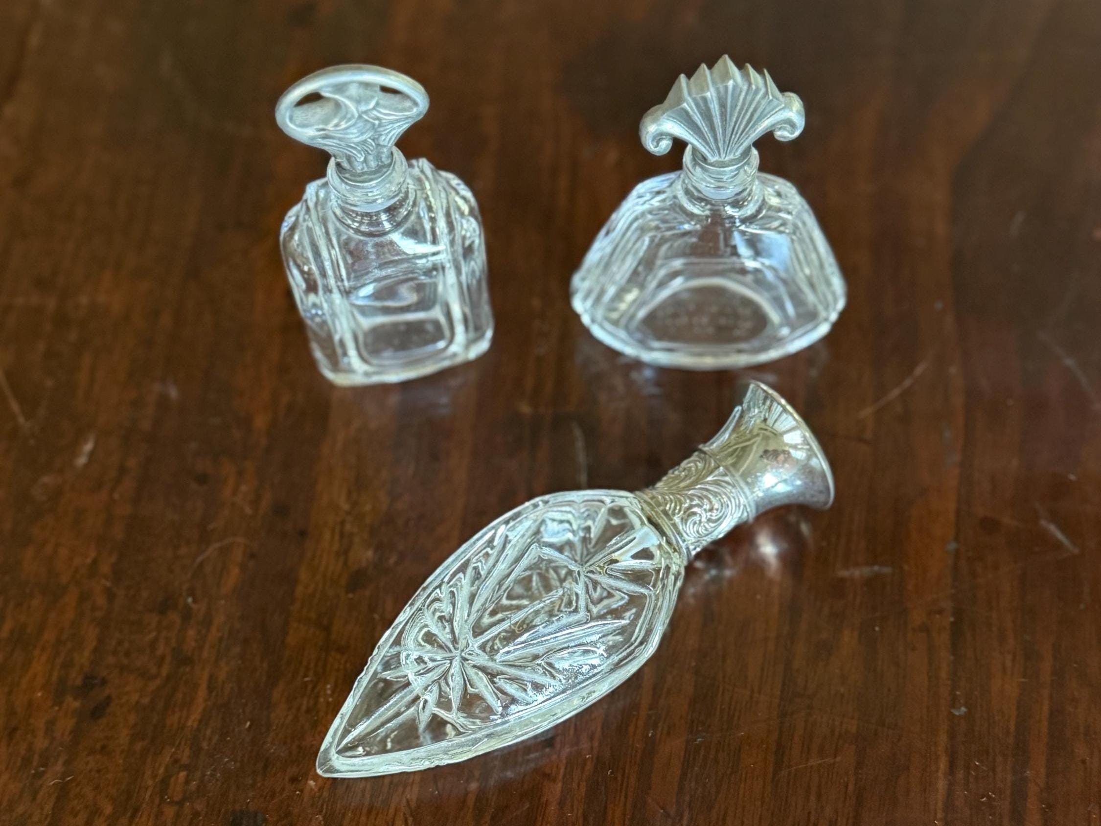 Vintage French Crystal Perfume Bottle: Art Nouveau Pewter Lid