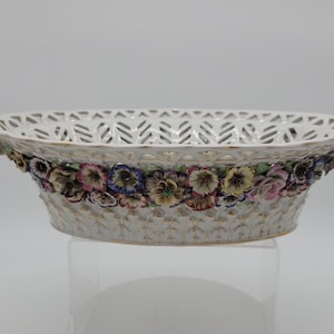 Gorgeous Schierholz Reticulated Console Bowl with Hand Modeled & Hand Painted Flowers Accented with Gold Gilt, Circa 1910-1920