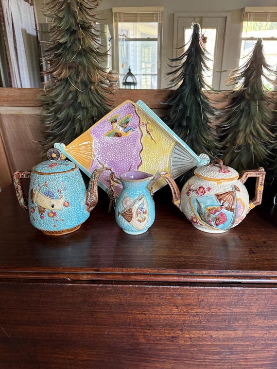 Antique English Fan & Bird Majolica Teapot, Coffee Pot, Platter or