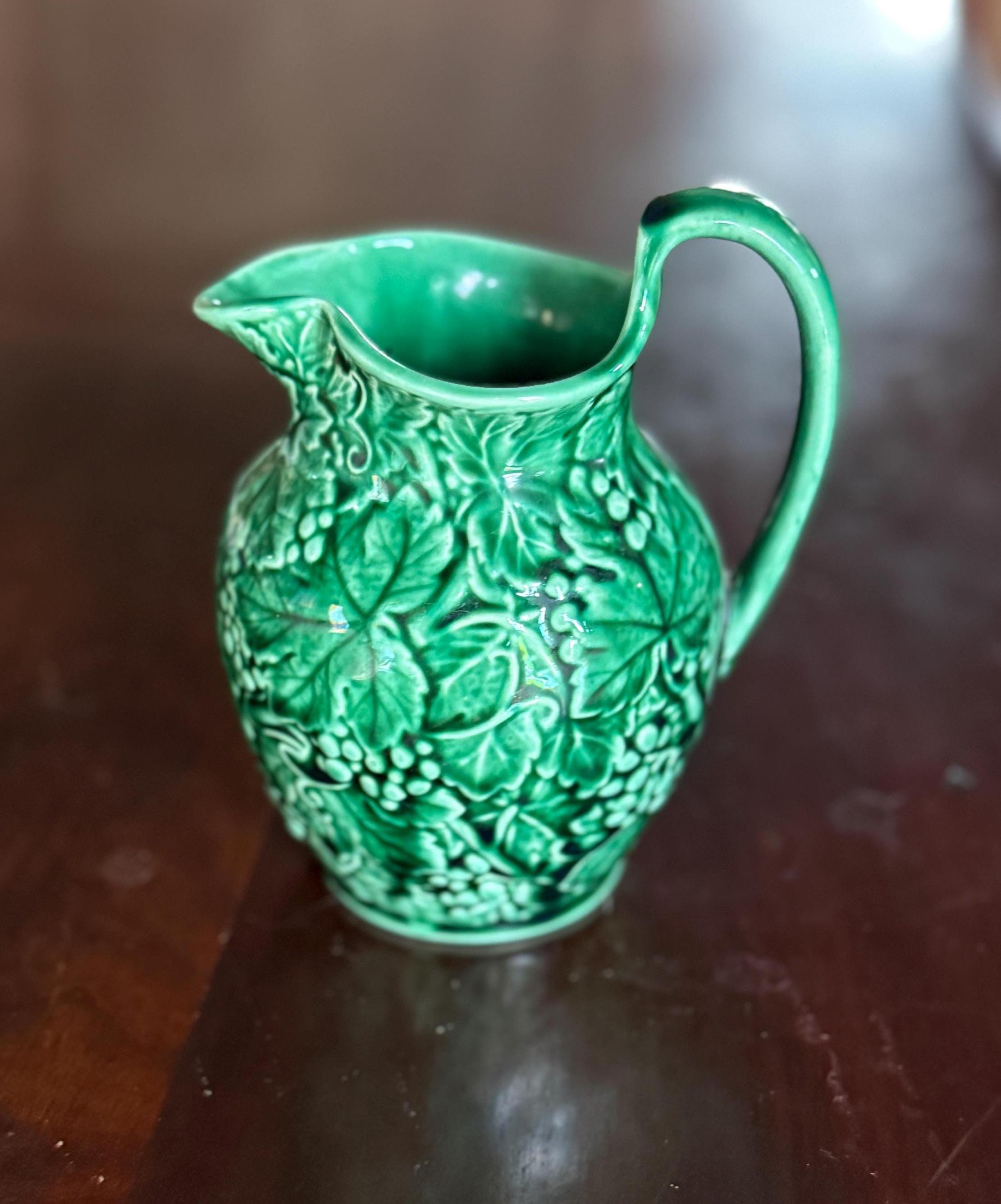 Victorian Wedgwood Majolica Grape Pitcher - Green Glaze, England