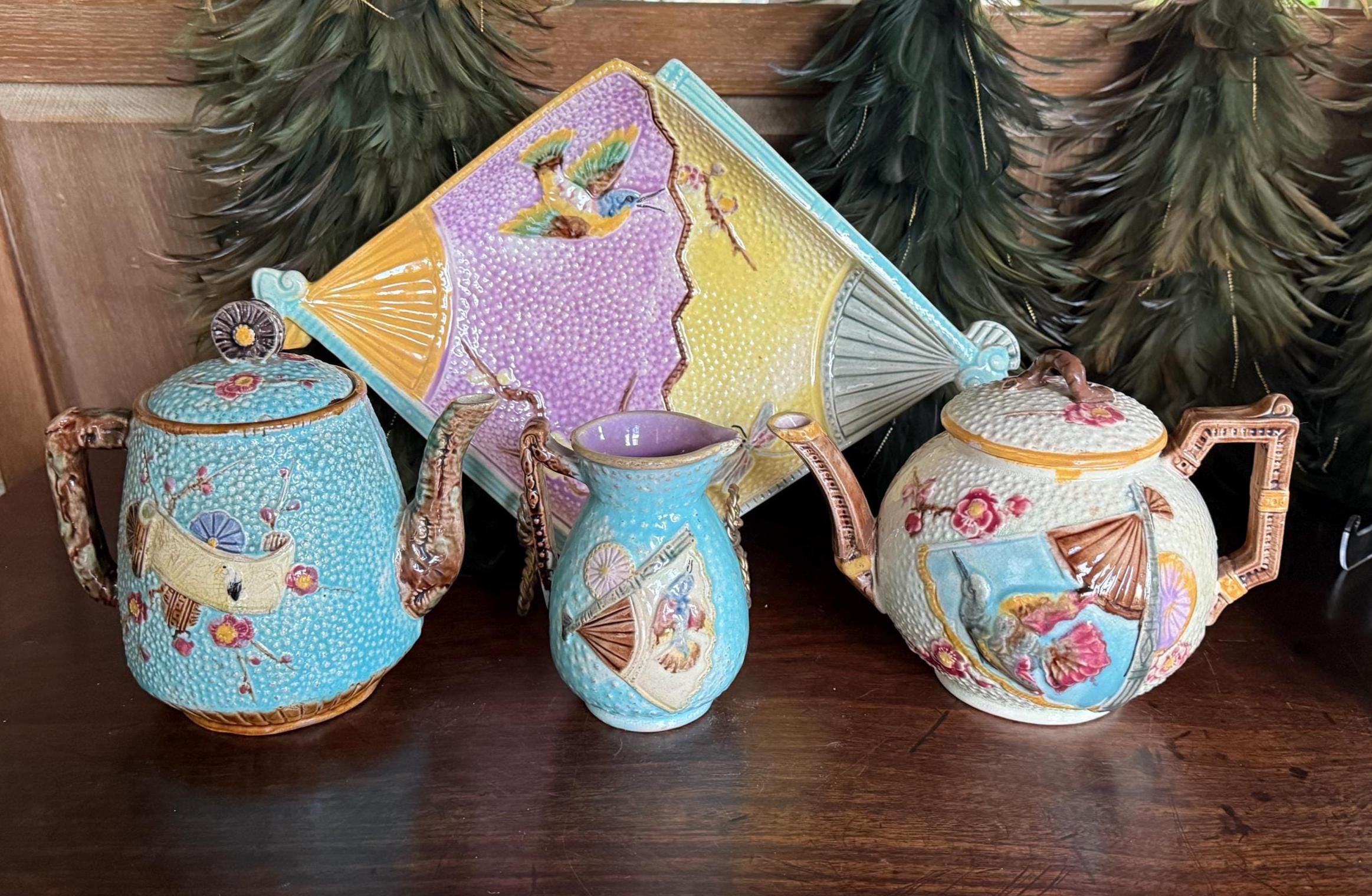 Antique English Fan & Bird Majolica Teapot, Coffee Pot, Platter or