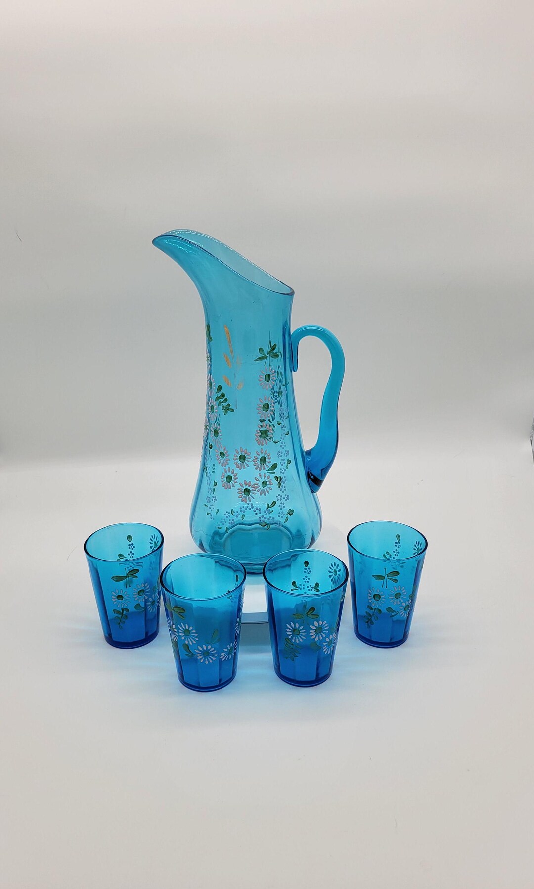 Antique Blue Glass Pitcher Set: Hand Painted Daisies, Czech Late