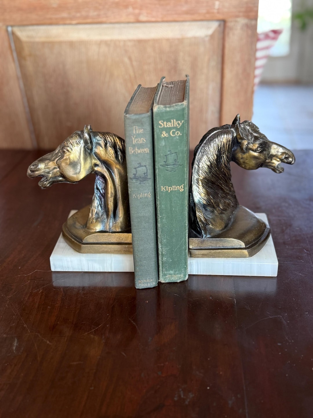Bronze Horse Head Bookends: Early 20th Century, White Marble Base