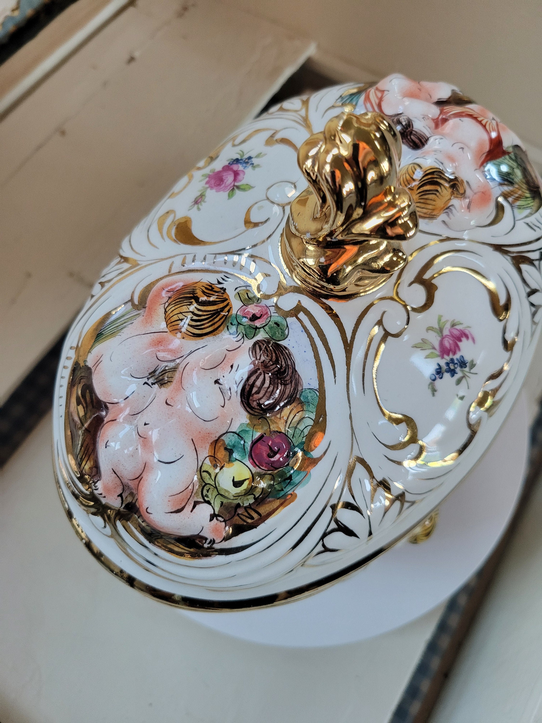 Vintage Capodimonte Cherub Tureen W/lots of Gold Gilt Rare Piece