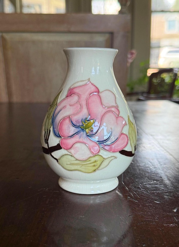Vintage Moorcroft Pottery Magnolia Vase: Pink Floral Decor, Mid-Century England