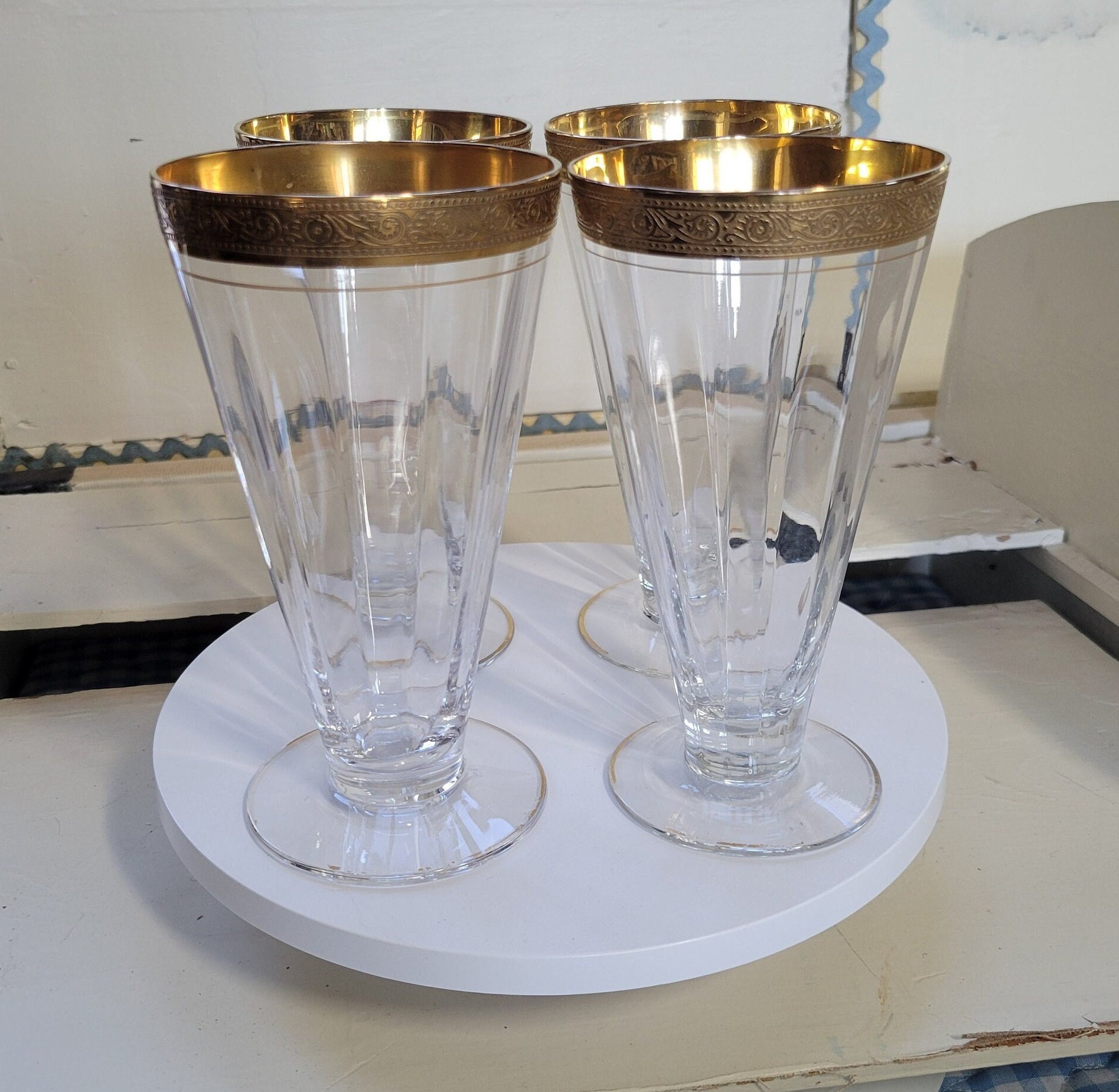 Vintage Tiffin Minton Optic Glass: Gold Gilt Water or Iced Tea Set