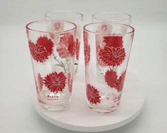 Mid Century Flower Water Glasses: Red Dahlia or Pink Dianthus, Set of 2
