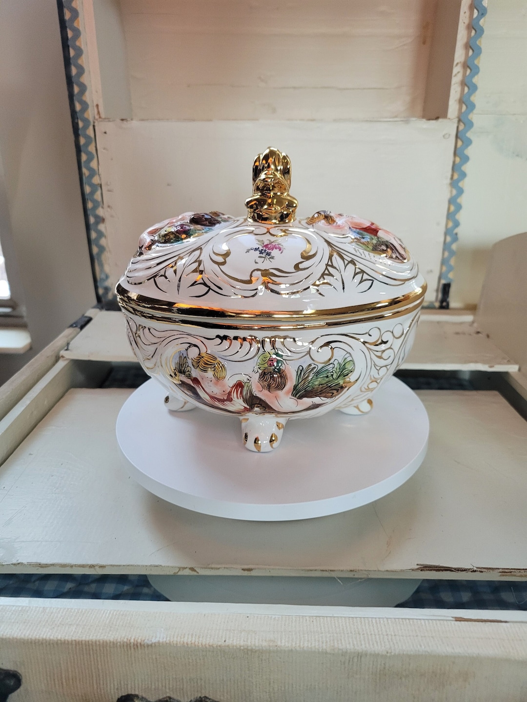Vintage Capodimonte Cherub Tureen W/lots of Gold Gilt Rare Piece