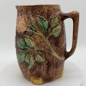 Beautiful 1800&#39;s Majolica Pitcher Tree Bark and Wild Rose Design