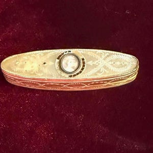 Amazing 18th Century Georgian Snuff Box or Compact Made of Etched Mother of Pearl and Gold & Copper Alloy featuring a portrait of a Lady