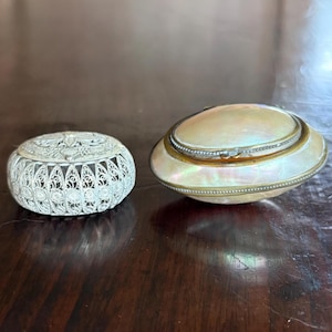 Gorgeous Mother of Pearl Shell Box with Brass Fittings Circa 1860, Vintage Silver Filigree Ring Box, Trinket Box, Your Choice
