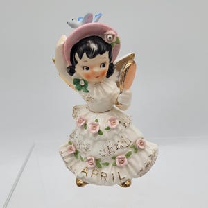 Lovely Little Lefton April Angel Figurine, Bluebird on Hat, Holding a Mirror with Rhinestone Accents