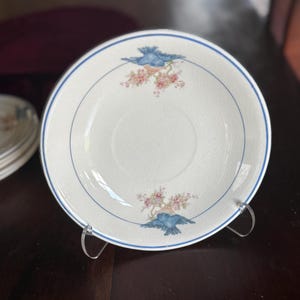 Puede incluir: Plato de cerámica blanca con borde azul y diseño de pájaro azul y floral. El plato tiene una estética delicada y vintage, con un sutil efecto craquelado en la superficie. Un segundo plato es parcialmente visible.