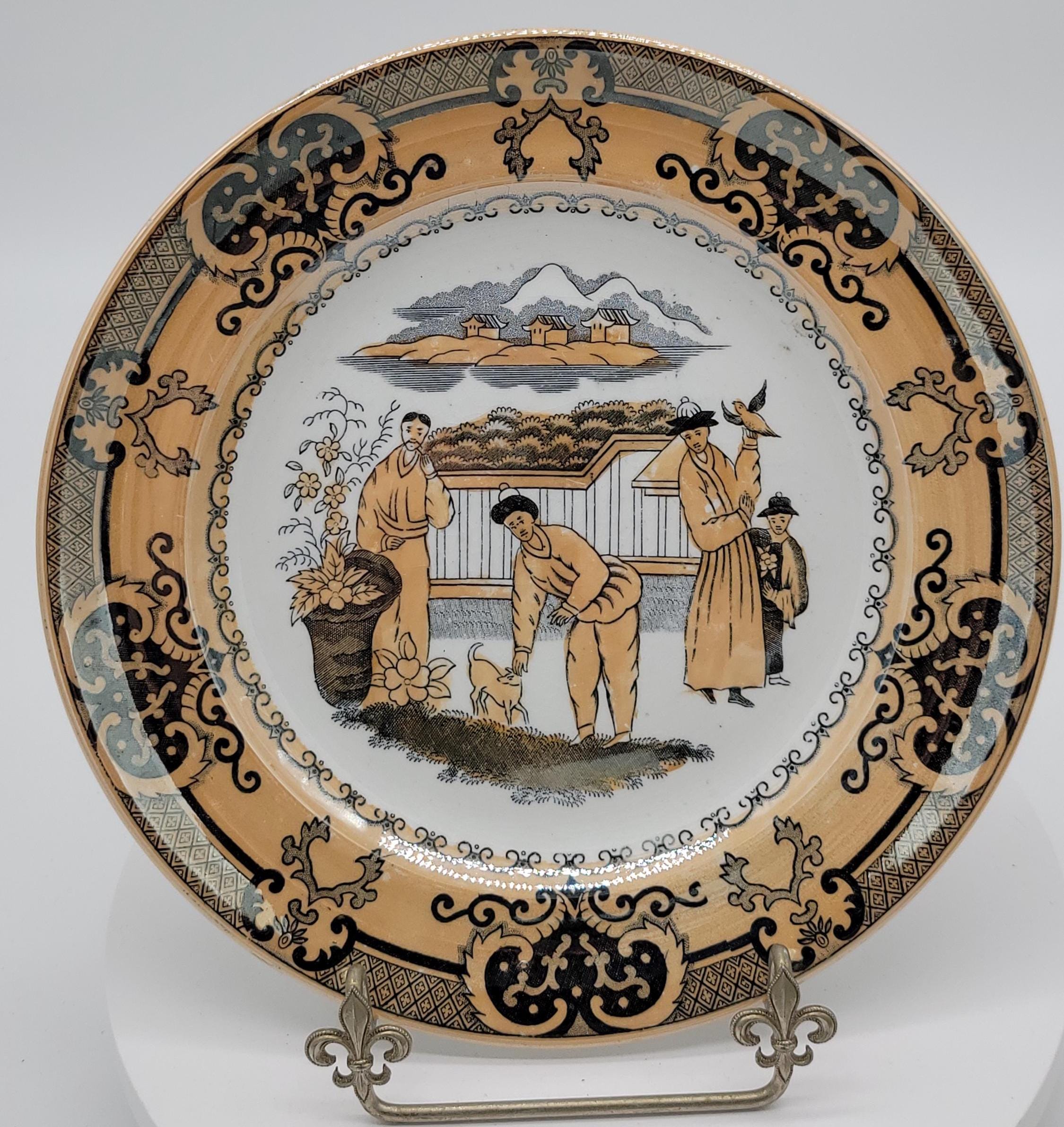オランダ P.REGOUT MAASTRICHT 染付蛮国舶来絵付皿 5客 Antique Petrus Regout Maastricht Plate: 1800s Chinoiserie