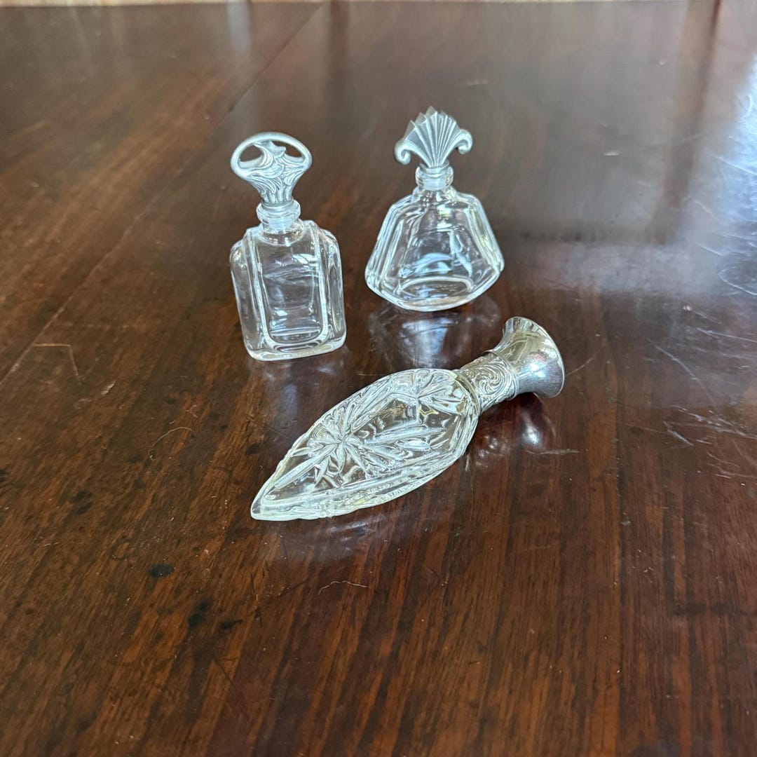 Vintage French Crystal Perfume Bottle: Art Nouveau Pewter Lid