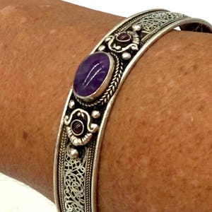 Victorian Silver Filigree Bangle Bracelet: Amethyst Cabochons