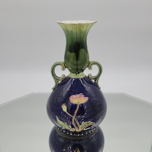 Antique Floral Majolica Vase: Cobalt Blue Tube Lined, Two Handles