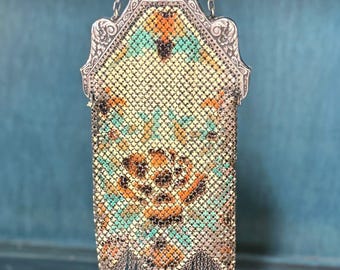1920s Silver Mesh Handbag, Flapper Purse, Floral Enamel, Mandalian Mfg Co.