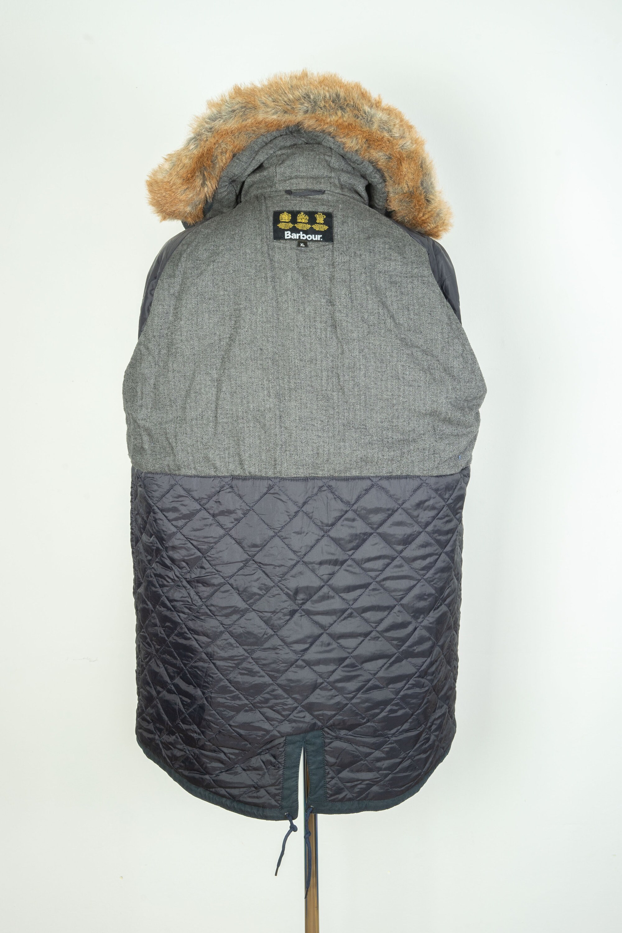 Men s Barbour Gisburne Fur Hooded Wax Navy Blue Parka Jacket Size XL