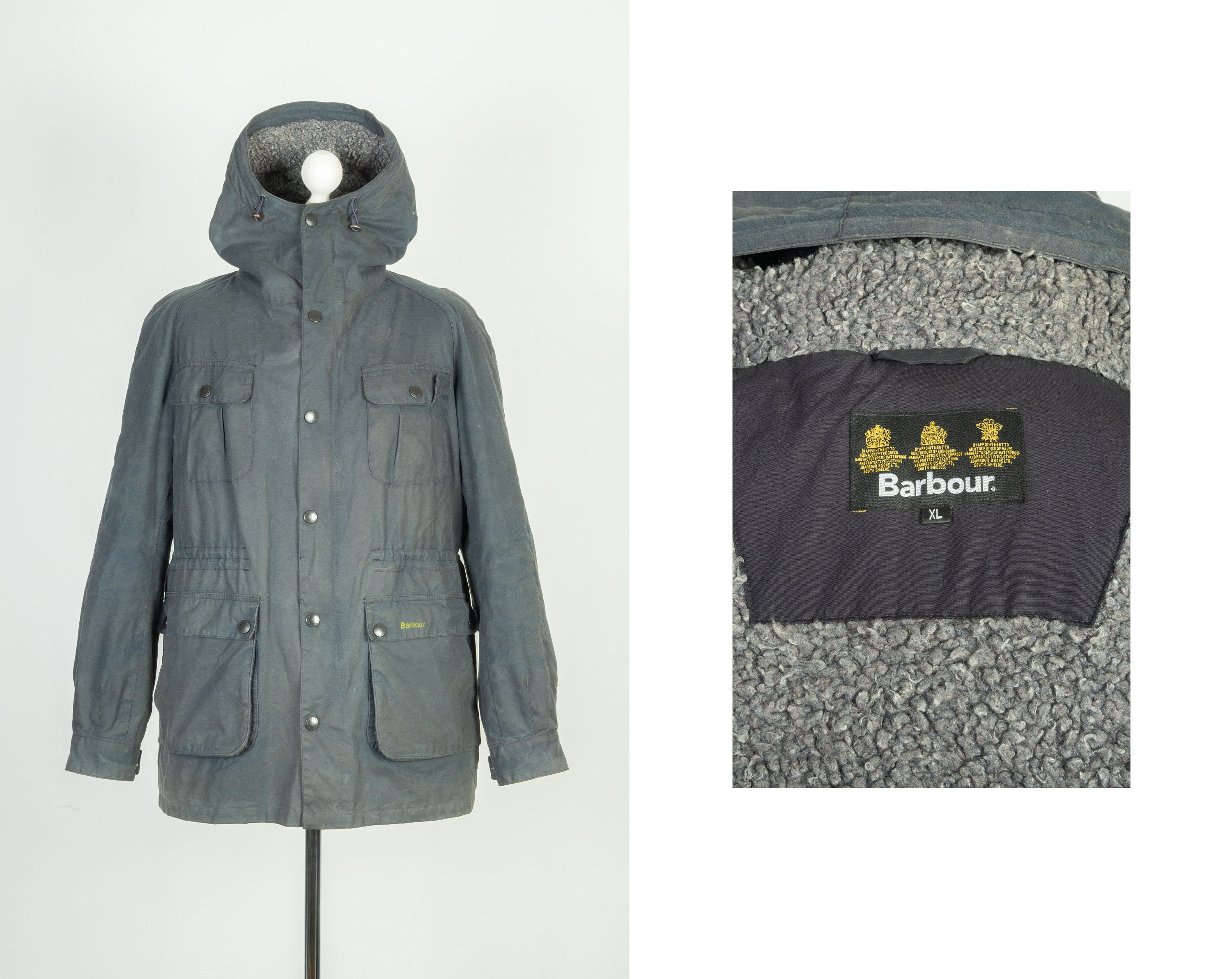 Men s Barbour Brindle Hooded Wax Navy Blue Parka Jacket Size XL