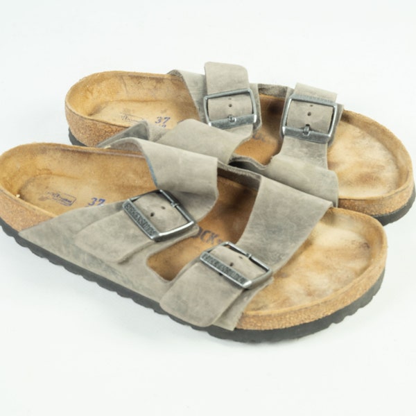 Women's Birkenstock Arizona Gray Leather Shoes Sandals Size 37 240CM L6