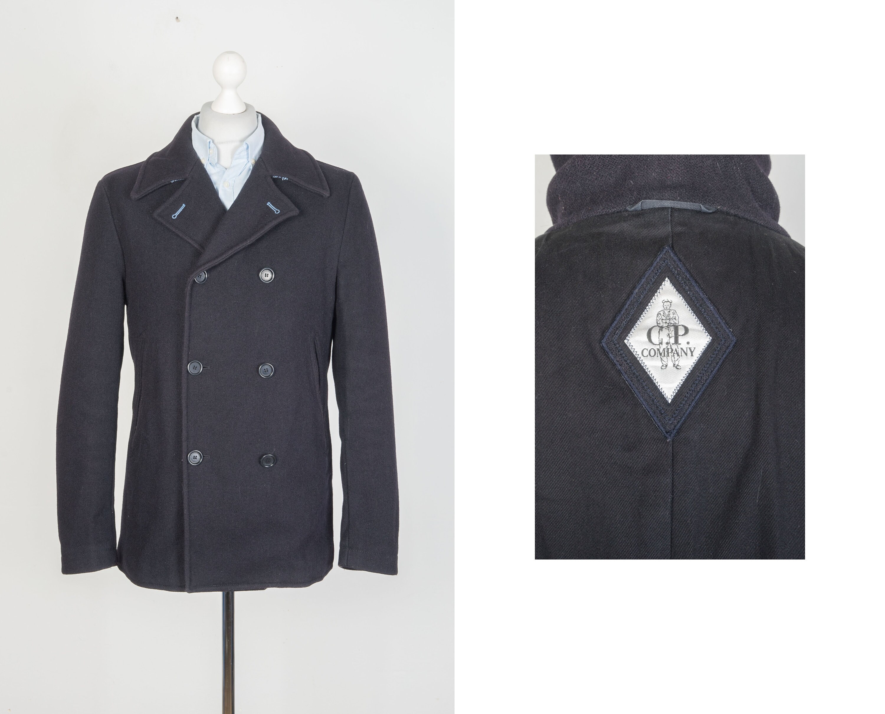 Men s CP Company Wool Black Trench Pea Coat Jacket Size 52
