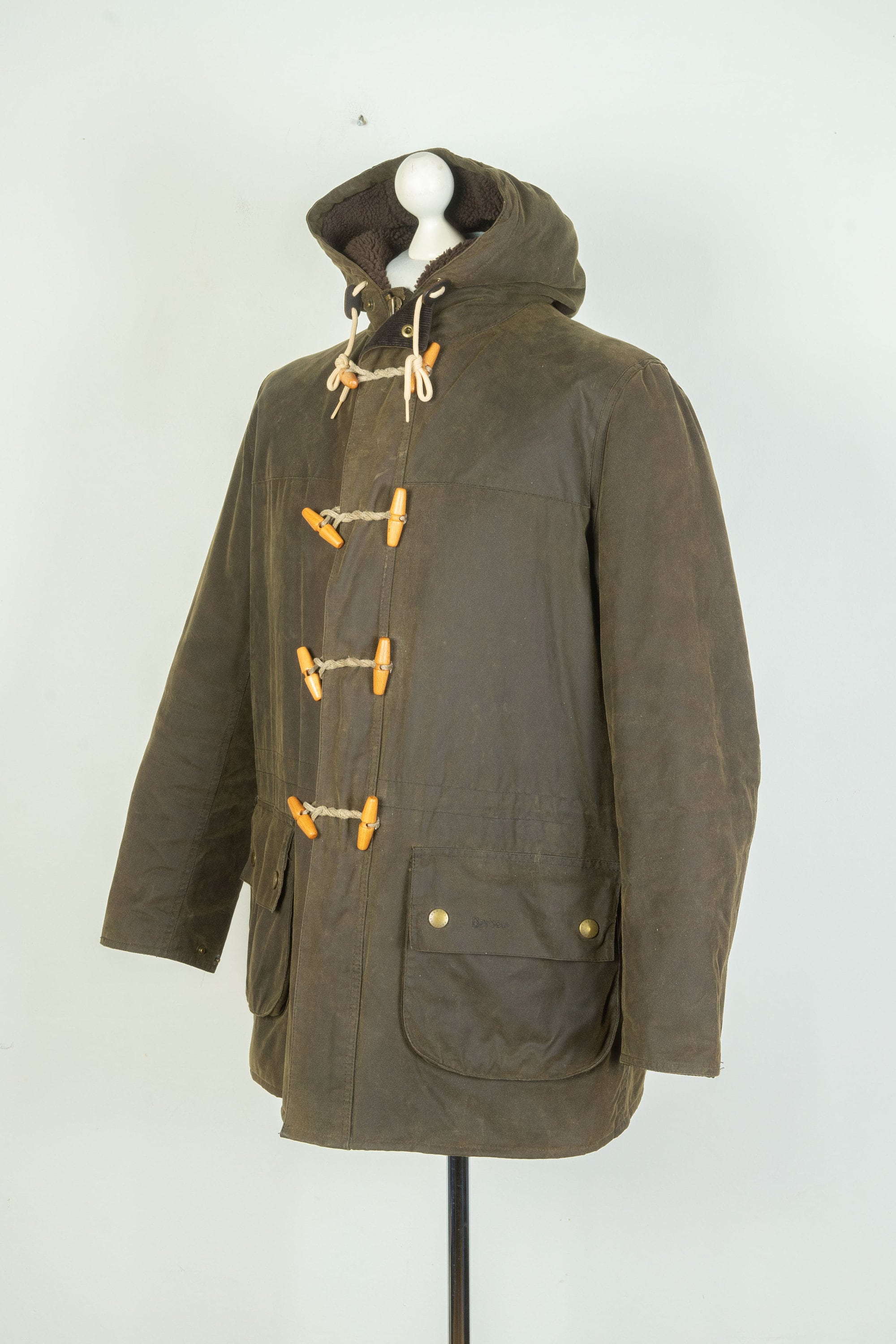 Men s Barbour Kirkham Wax Olive Duffle Coat Jacket Size L