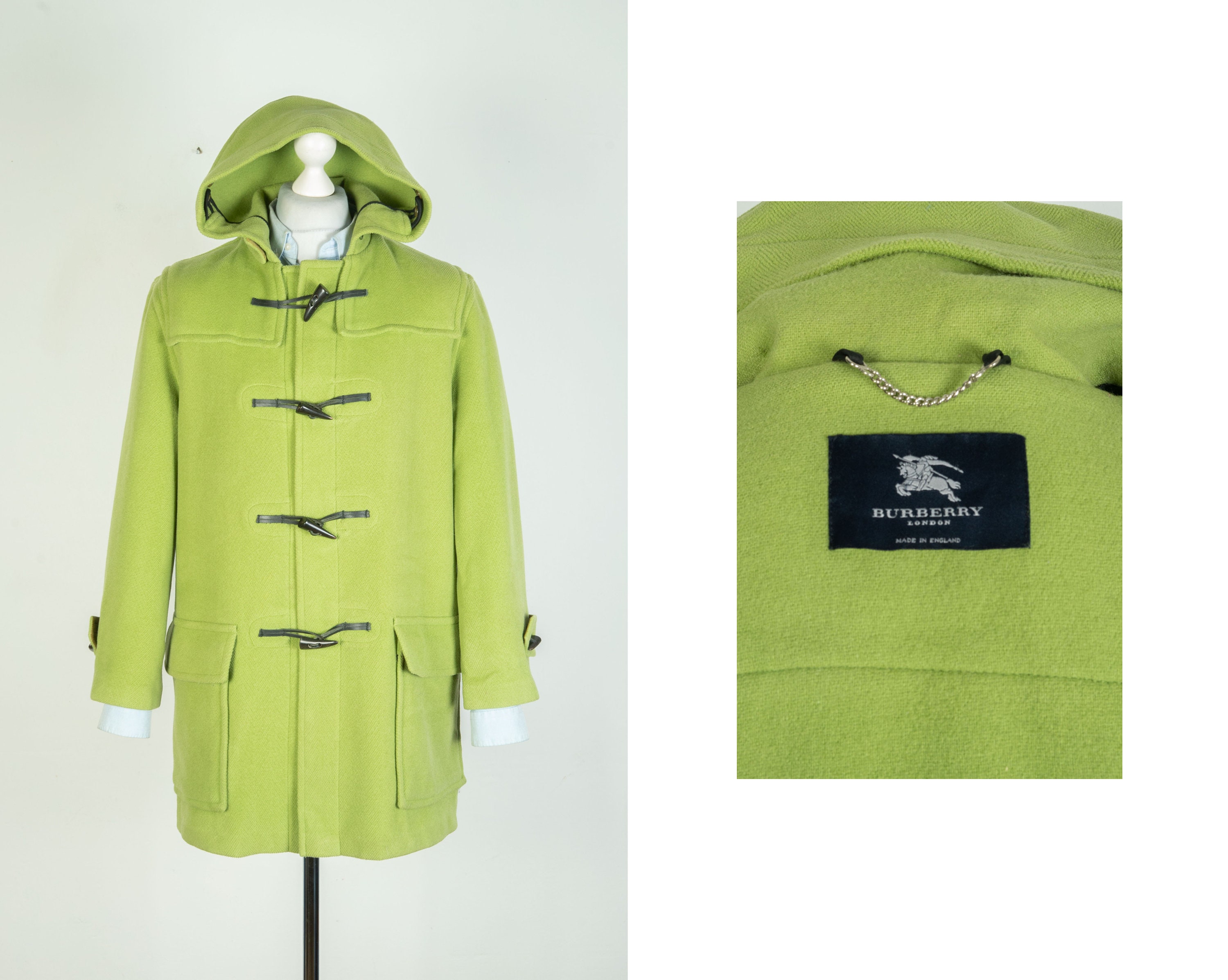 Men's Burberry London Green Wool Trench Duffle Coat Size S Men's Burberry London Green Wool Trench Duffle Coat Size S