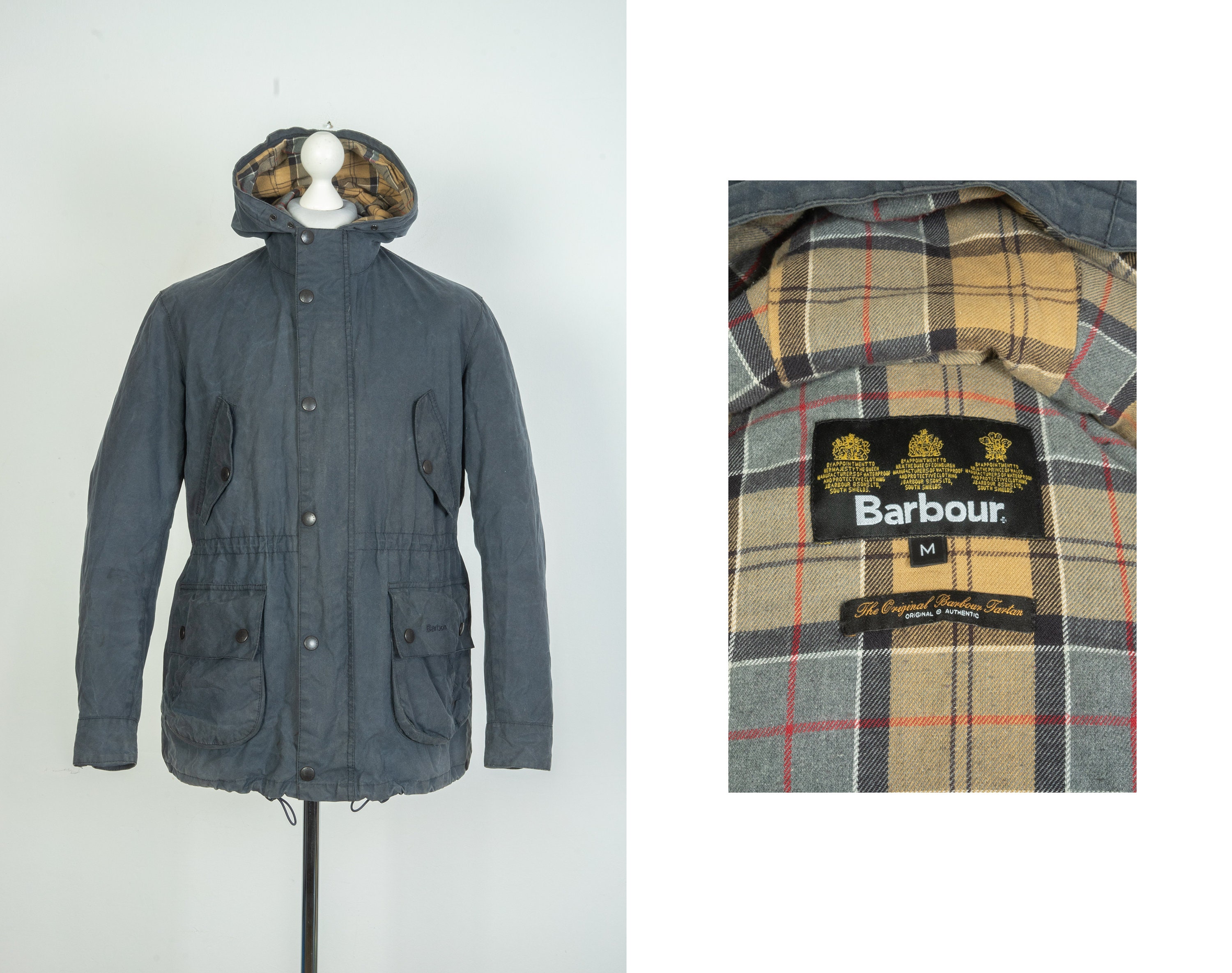 Men s Barbour Derwent Wax Cotton Navy Hooded Parka Jacket Size M