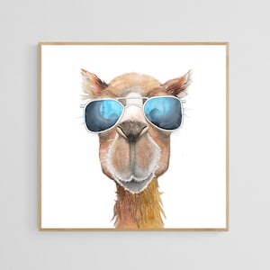 Watercolor Camel with Aviator Sunglasses and Abu Dhabi Grand Mosque Reflection - Unframed