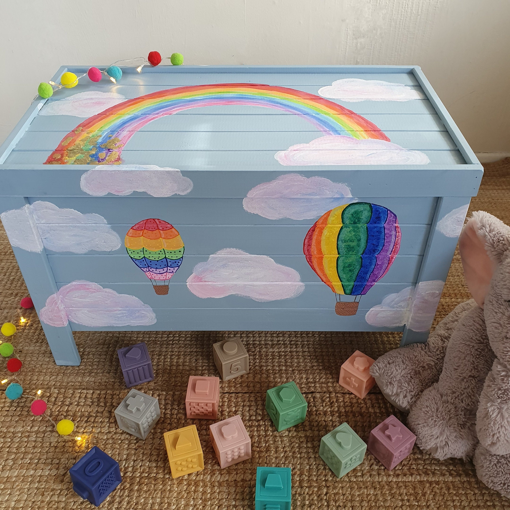 Rainbow Sky Toy Box Handpainted Toy Chest Blue Storage Etsy