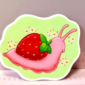 Strawberry snail die cut weatherproof glossy vinyl sticker for bottles laptop planner journal | cottagecore kawaii aesthetic pastel bugs