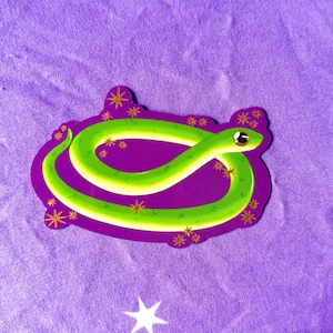 May include: A sticker of a green snake coiled on a purple background. The snake has a white belly and a yellow eye. The sticker has a purple border with gold star accents.