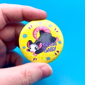 Trash baby opossum button badge | aesthetic accessory badges lanyard backpack accessories animals wildlife funny marsupial neon retro arcade