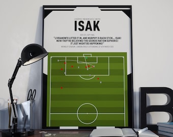May include: A green and white football field with red and white player markers. The text "LIVERPOOL 1-2 NEWCASTLE UNITED" is at the top of the image. The text "ISAK" is in large letters below the first line of text. The text "2025 EFL CUP FINAL" is below the word "ISAK". The text "LIVRAMENTO LIFTED IT IN, AND MURPHY IS BACK STICK... ISAK! NOW THEY'RE BELIEVING! THE GEORDIE NATION EUPHORIC! IT JUST MIGHT BE HAPPENING!" is below the cup final text. The text "WEMBLEY STADIUM, LONDON / 88,513 ATTENDANCE / 16TH MARCH 2025" is below the quote.