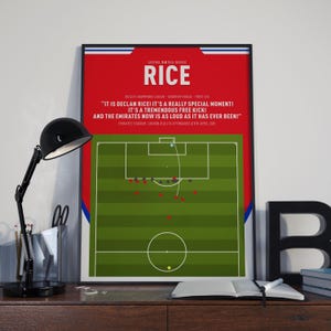 May include: A red and green football field diagram with a quote from a game: "It is Declan Rice! It's a really special moment! It's a tremendous free kick! And the Emirates now is as loud as it has ever been!" The text also includes the game details: Arsenal vs Real Madrid, Champions League Quarter-Finals, First Leg, Emirates Stadium, London, 60,118 attendance, 8th April 2025.