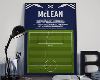 Puede incluir: Un póster enmarcado que presenta un diagrama de juego de fútbol con el nombre "McLean". El póster incluye texto sobre un partido, un diagrama de campo y el marcador Escocia 4-2 Dinamarca. El fondo es azul marino con detalles blancos.