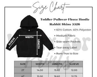 Rabbit Skins 3326 Size Chart, Toddler Pullover Fleece Hoodie, Toddler Size Chart, Rabbit Skins Size Guide, Rabbit Skins 3326