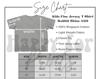 Rabbit Skins Kids Fine Jersey T-shirt 3321 Size Chart, Youth Size Chart, Rabbit Skins Size Guide, Kids T-shirt Mockup, Rabbit Skins 3321
