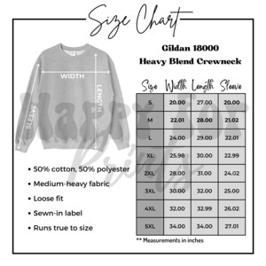 Gildan 18000 Size Chart, Unisex Size Chart, Gildan Crewneck Size Chart, White background Gildan 18000 Size Guide, Downloadable Size Chart