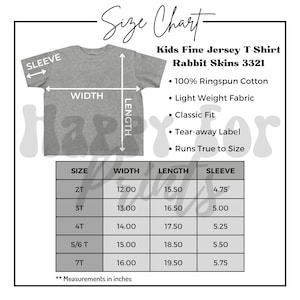 Rabbit Skins Kids Fine Jersey T-shirt 3321 Size Chart, Youth Size Chart, Rabbit Skins Size Guide, Kids T-shirt Mockup, Rabbit Skins 3321